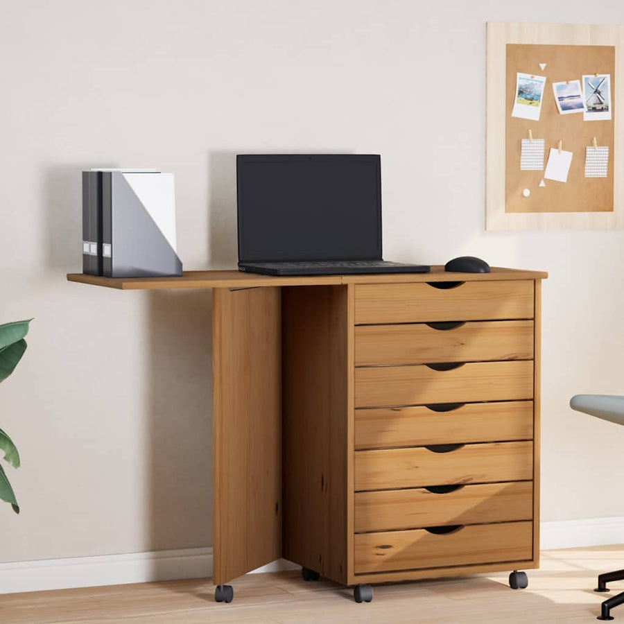 Rolling Cabinet with Desk "MOSS" Honey Brown Solid Wood Pine
