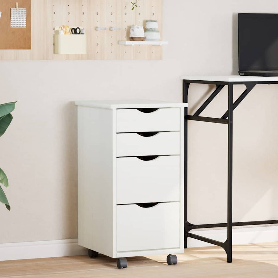 Rolling Cabinet with Drawers "MOSS" White Solid Wood Pine