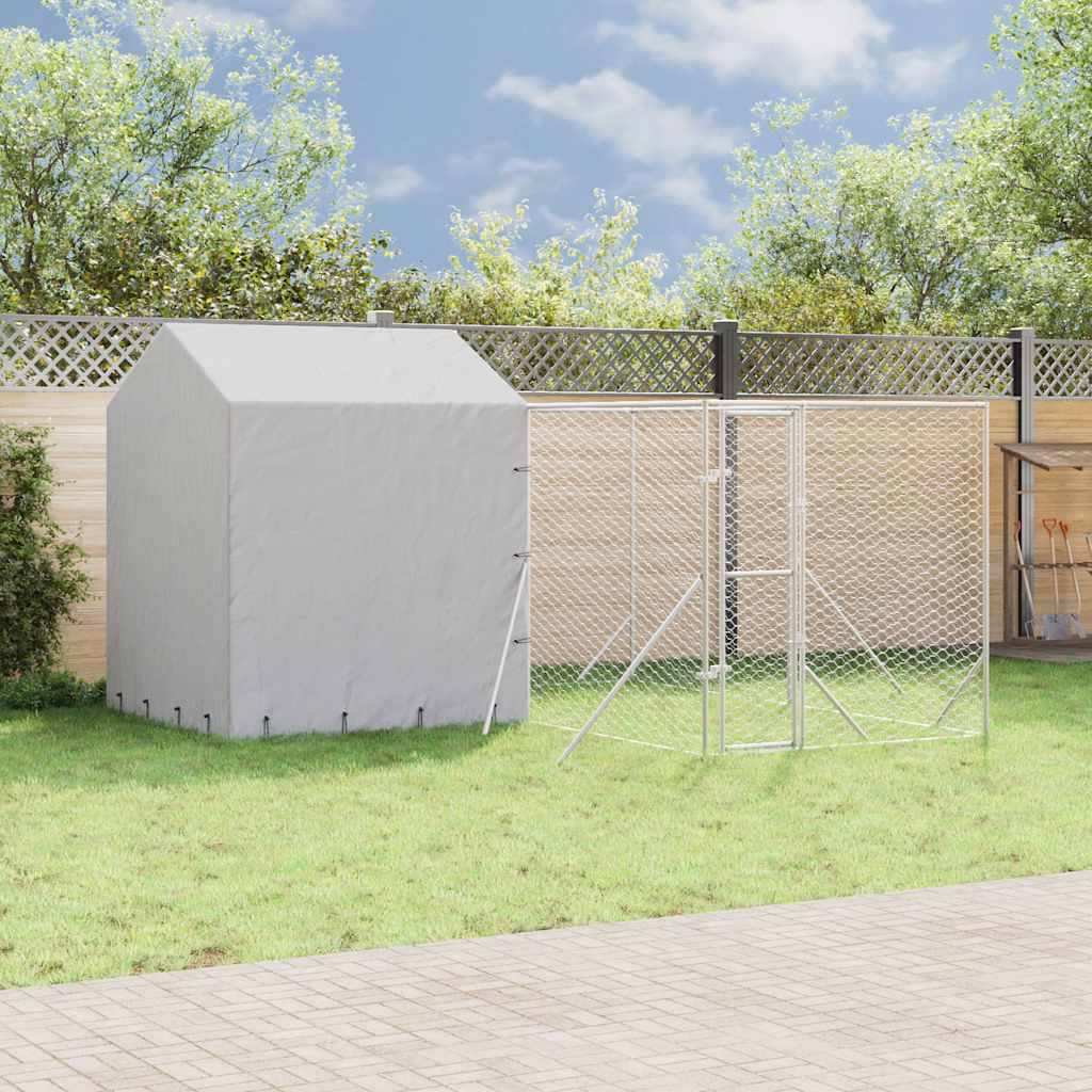 Outdoor Dog Kennel with Roof Silver Galvanised Steel 4 m 4 m