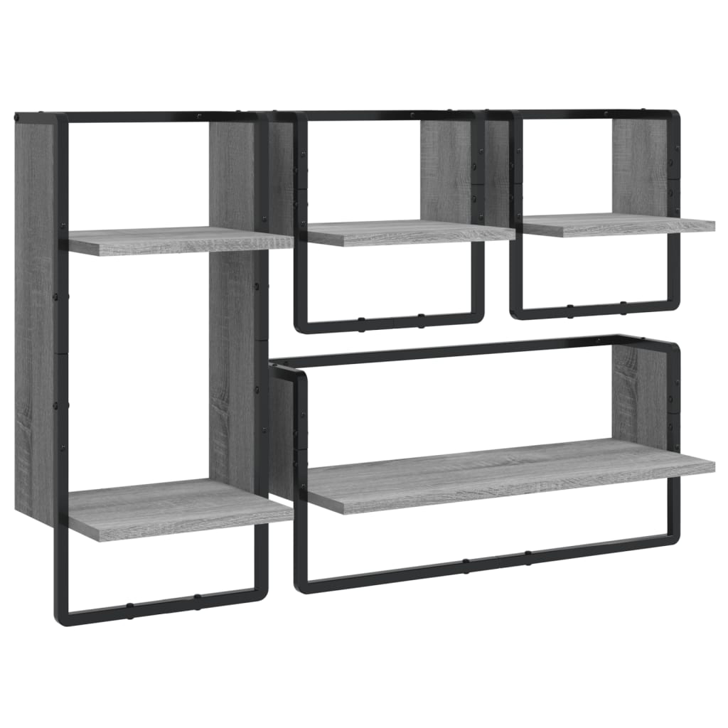 vidaXL 4 Piece Wall Shelf Set with Bars Grey Sonoma Engineered Wood 2