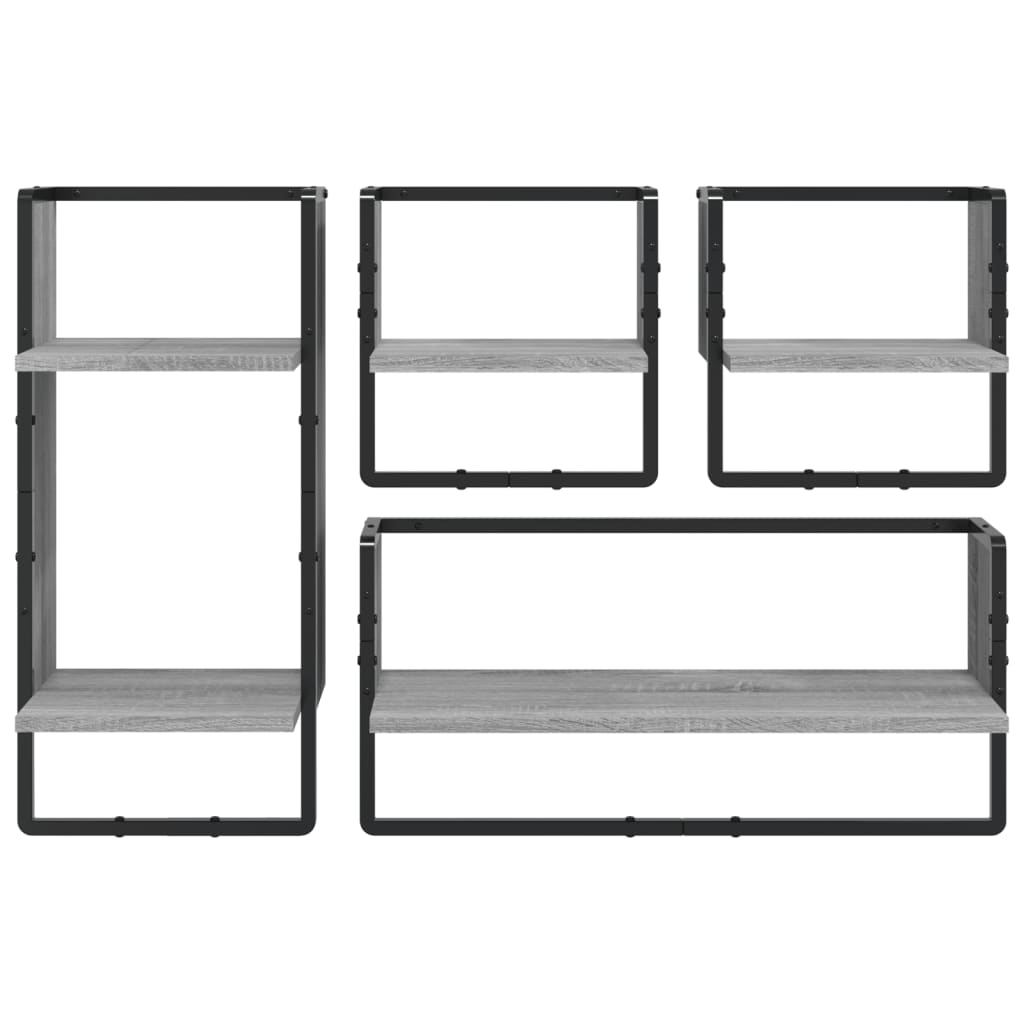vidaXL 4 Piece Wall Shelf Set with Bars Grey Sonoma Engineered Wood 4