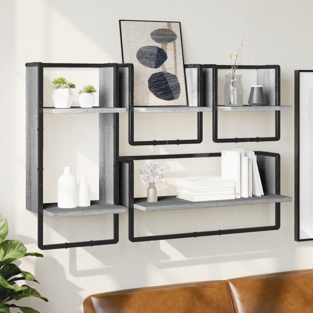 vidaXL 4 Piece Wall Shelf Set with Bars Grey Sonoma Engineered Wood 1