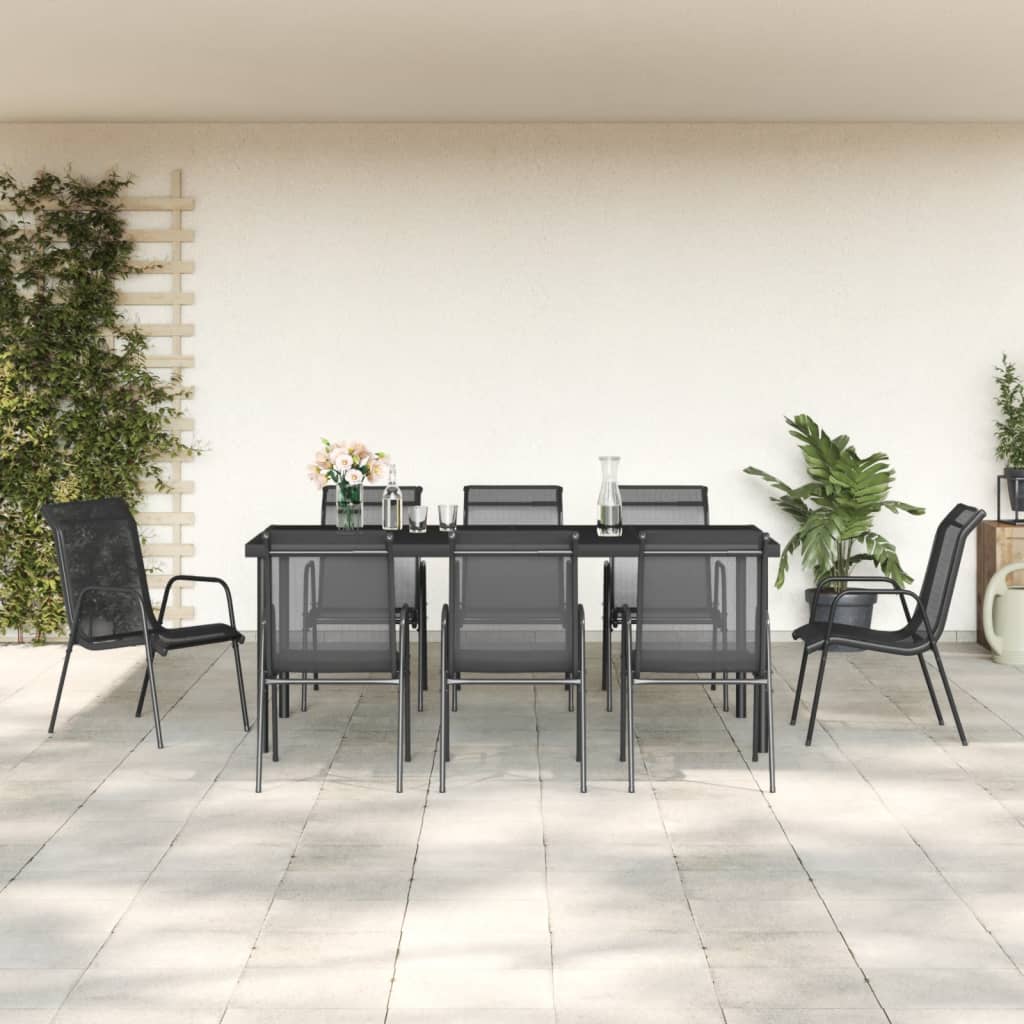7 Piece Garden Dining Set Black Steel and Textilene 190 cm table length 8