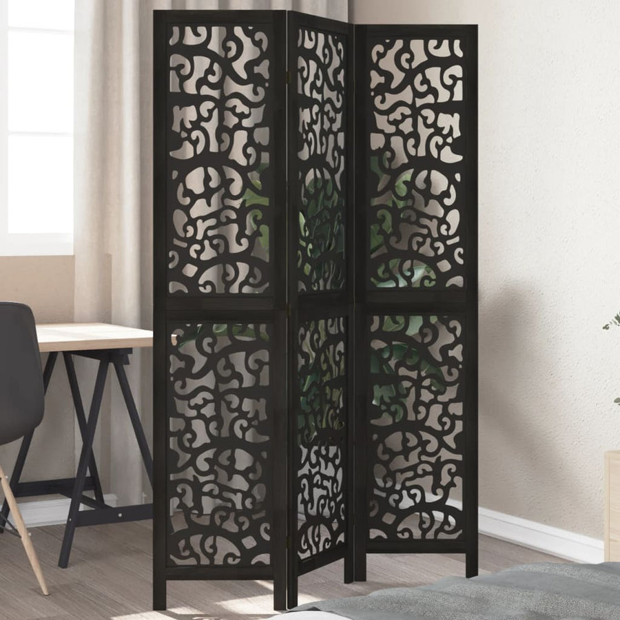 Room Divider 3 Panels Black Solid Wood Paulownia