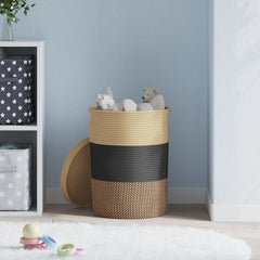 vidaXL Storage Basket with Lid Black and Beige Ø37x50 cm Cotton 3