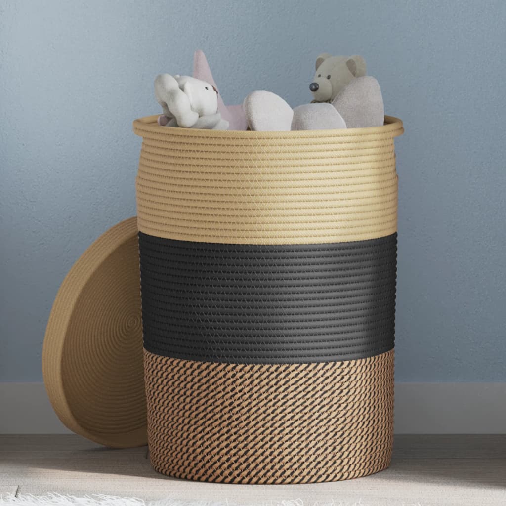 vidaXL Storage Basket with Lid Black and Beige Ø37x50 cm Cotton 1