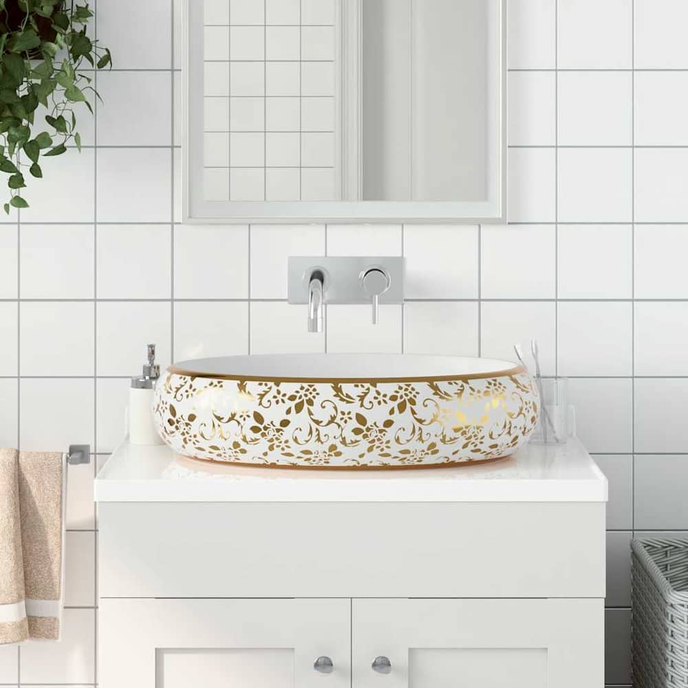 Countertop Basin Oval 59x40x15 cm Ceramic White and gold
