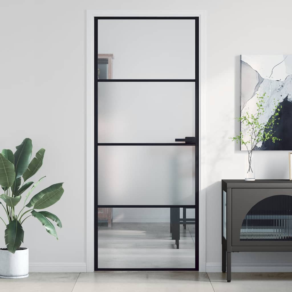 Interior Door Slim Black 83x201.5 cm Tempered Glass&Aluminium 3 Horizontal Bars Black & transparent & matt