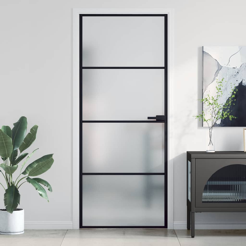 Interior Door Slim Black 83x201.5 cm Tempered Glass&Aluminium 3 Horizontal Bars Black and matt