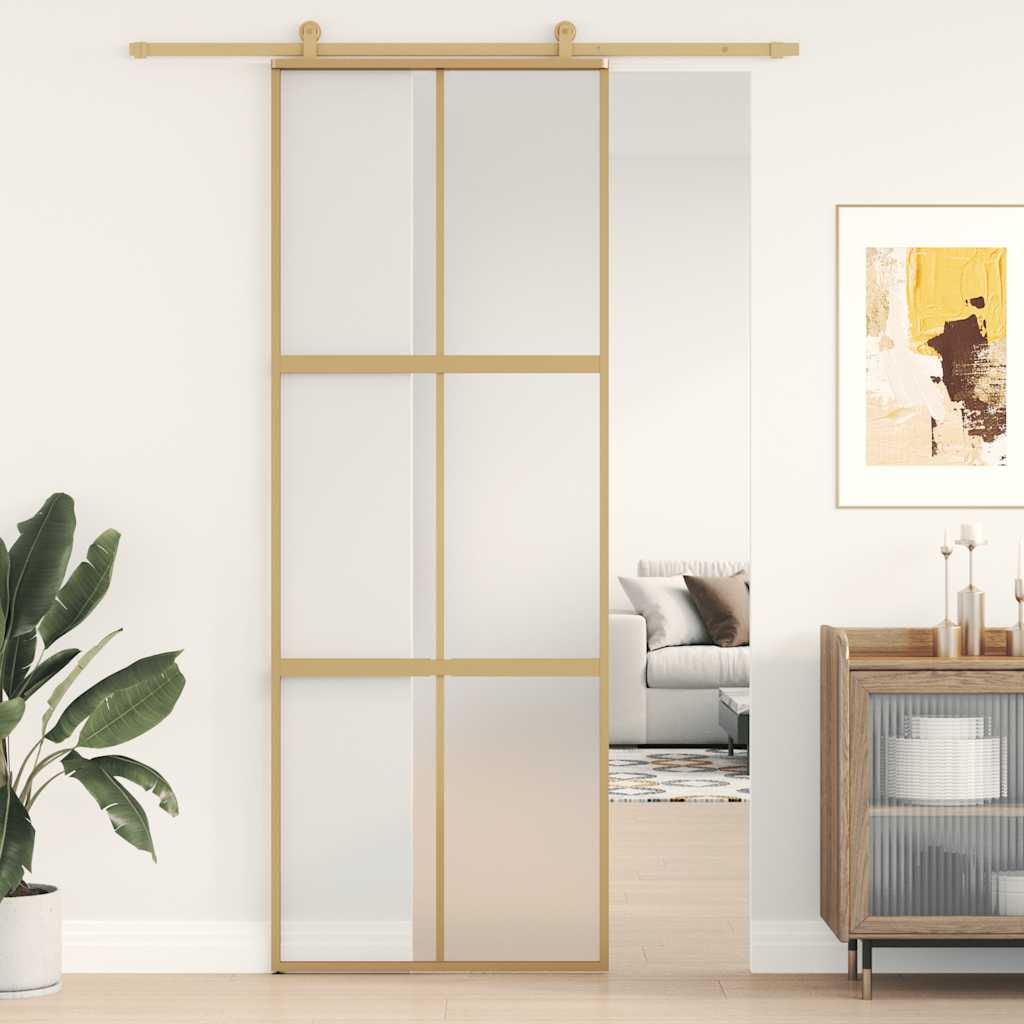 Sliding Door 76x205 cm Clear ESG Glass and Aluminium Gold and matt 3x2 grids