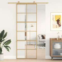 Sliding Door 76x205 cm Clear ESG Glass and Aluminium Gold 6x2 grids