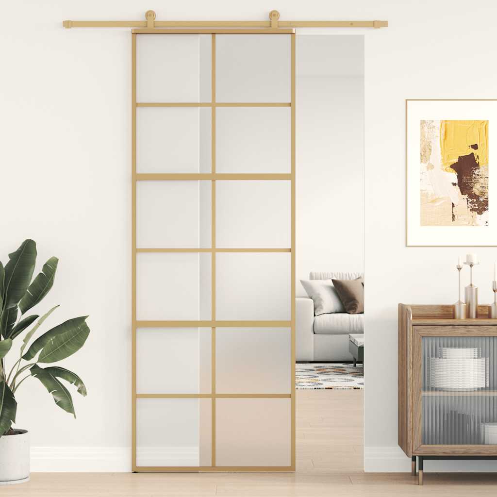 Sliding Door 76x205 cm Clear ESG Glass and Aluminium Gold and matt 6x2 grids