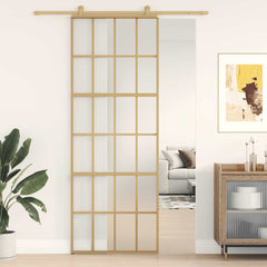 Sliding Door 76x205 cm Clear ESG Glass and Aluminium Gold and matt 6x4 grids