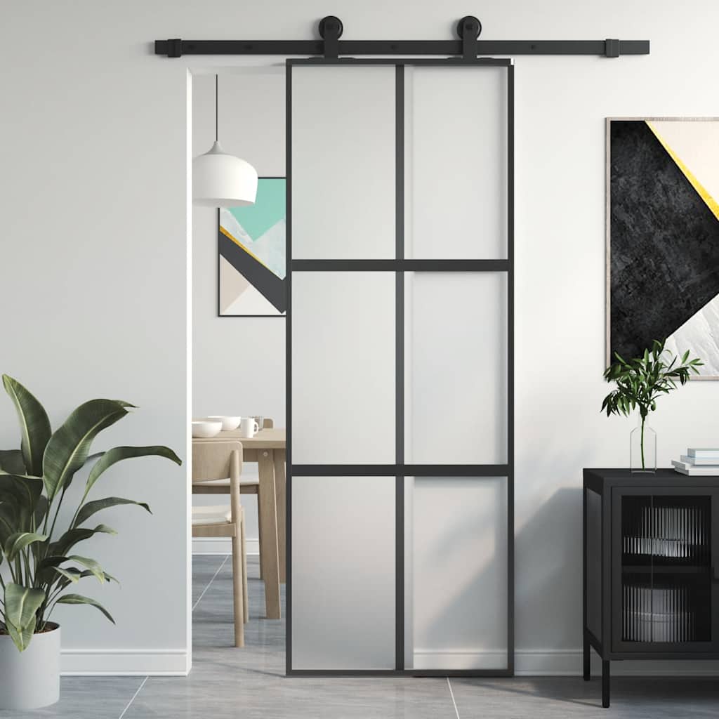 Sliding Door 76x205 cm Clear ESG Glass and Aluminium Black and matt 3x2 grids