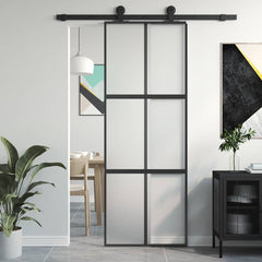 Sliding Door 76x205 cm Clear ESG Glass and Aluminium Black and matt 3x2 grids