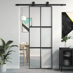 Sliding Door 76x205 cm Clear ESG Glass and Aluminium Black & transparent & matt 3x2 grids