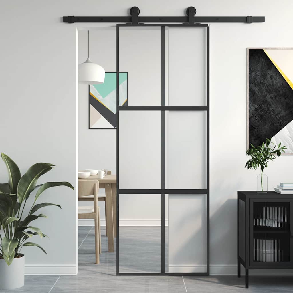 Sliding Door 76x205 cm Clear ESG Glass and Aluminium Black & transparent & matt 3x2 grids