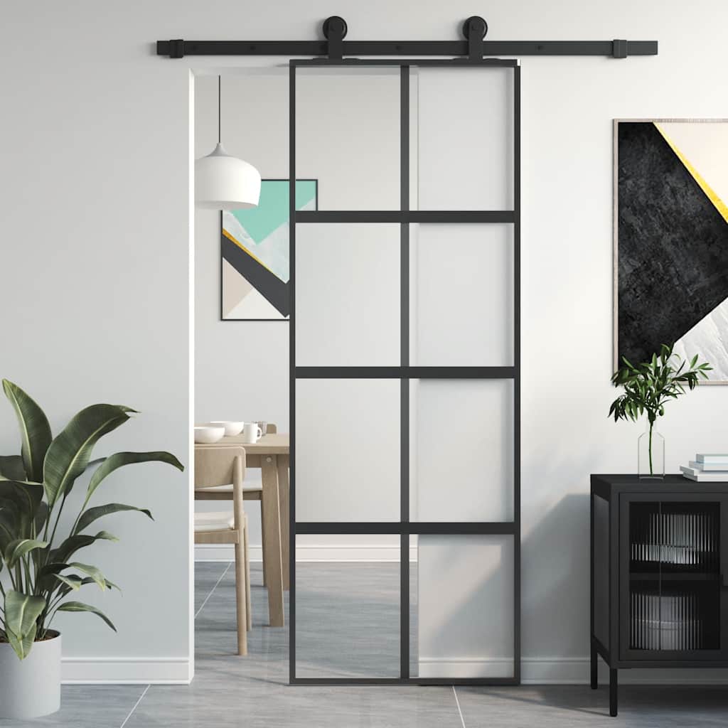 Sliding Door ESG Glass and Aluminium 76 x 205 cm Black Half frosted