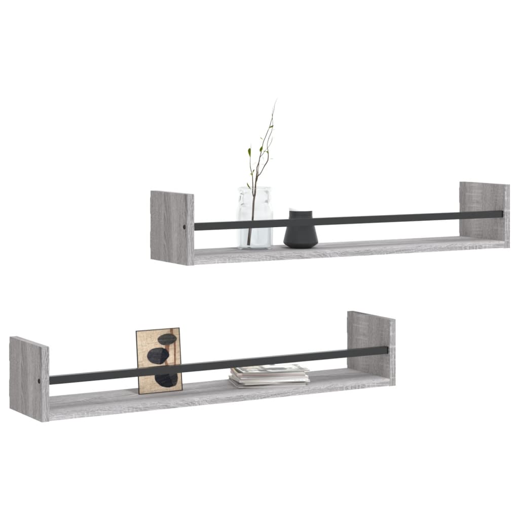 vidaXL Wall Shelves with Bars 2 pcs Grey Sonoma 80x16x14 cm 3