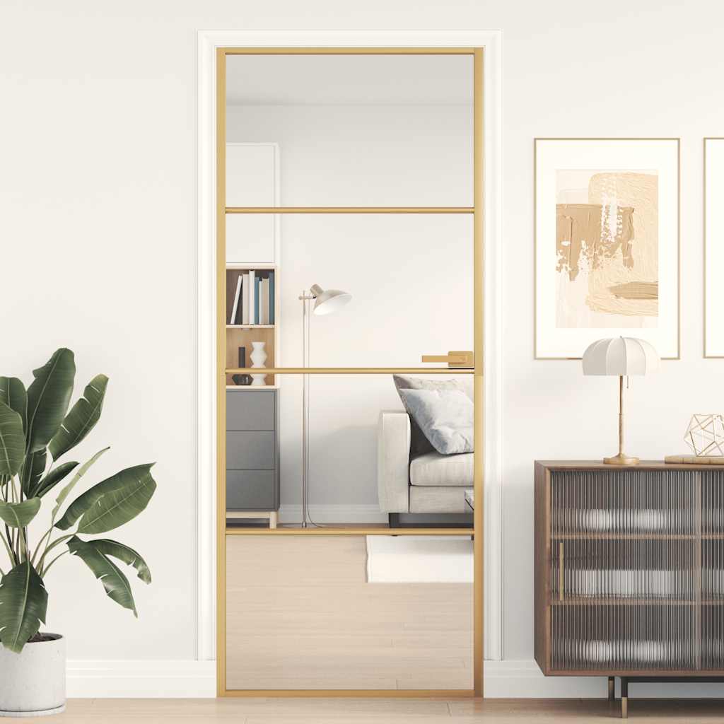 Interior Door Slim Black 83x201.5 cm Tempered Glass&Aluminium 3 Horizontal Bars Gold and transparent