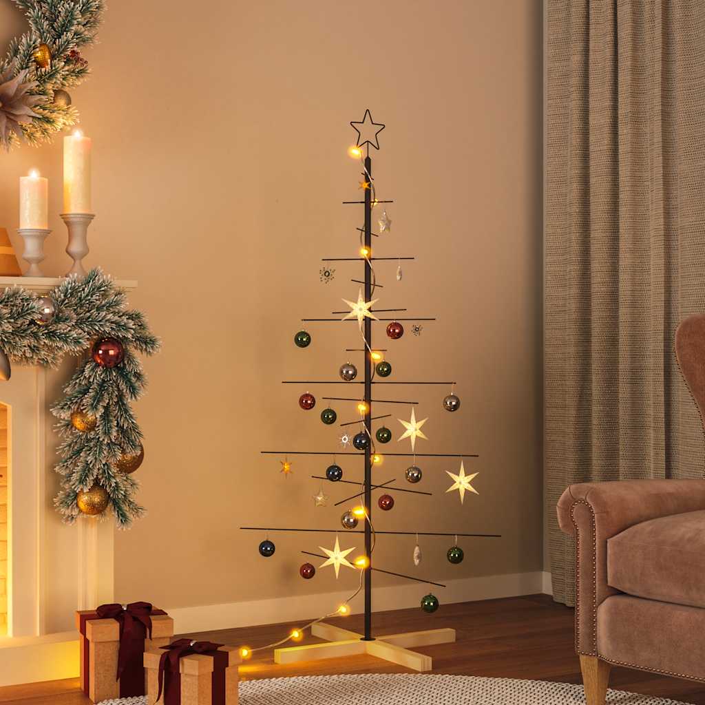 vidaXL Metal Christmas Tree with Wooden Base Black 150 cm 1