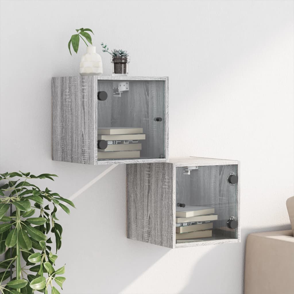 vidaXL Bedside Cabinets with Glass Doors 2 pcs Grey Sonoma 35x37x35 cm 3