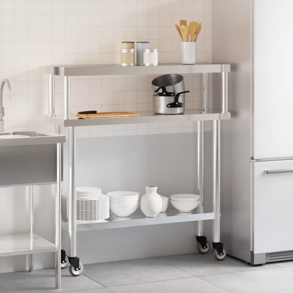 vidaXL Kitchen Work Table with Overshelf 110x30x120 cm Stainless Steel 3