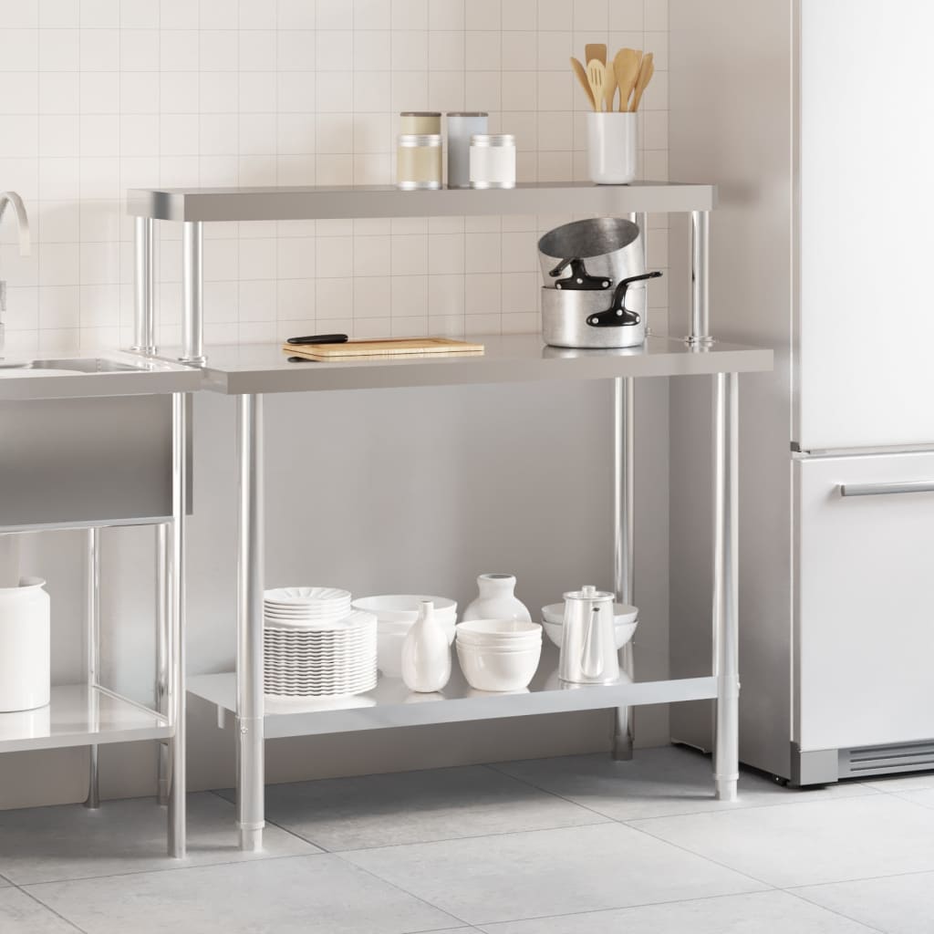 vidaXL Kitchen Work Table with Overshelf 110x55x120 cm Stainless Steel 3