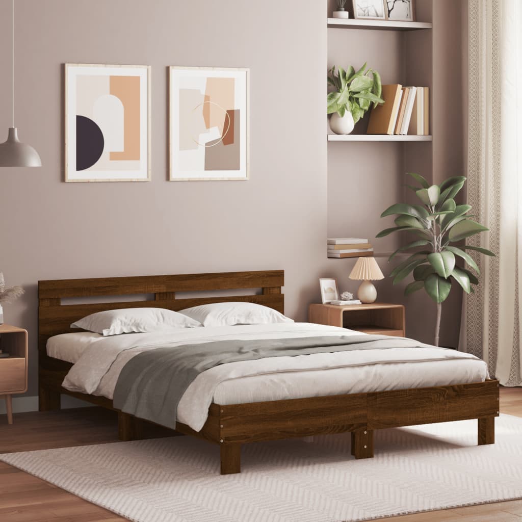 Bed Frame with LED without Mattress Brown Oak 150 x 200 cm