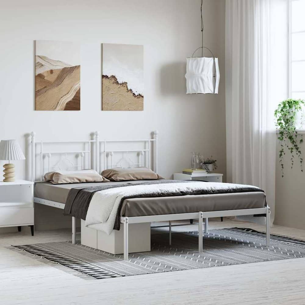 Metal Bed Frame without Mattress Headboard White