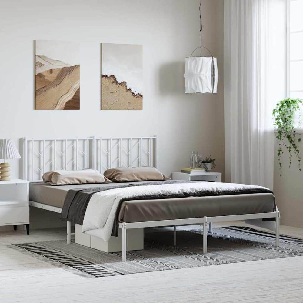 Metal Bed Frame without Mattress Headboard White
