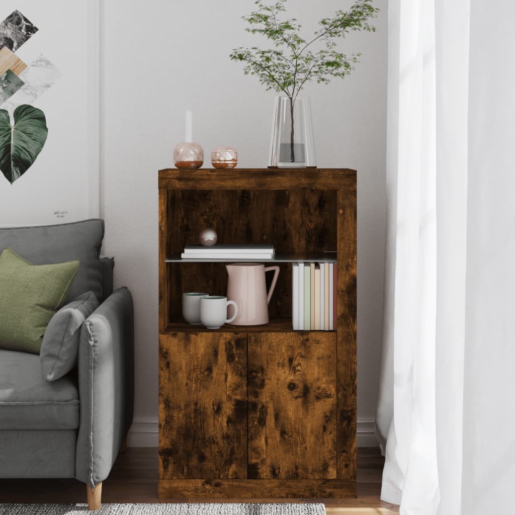 Side Cabinet with LED Lights Smoked Oak Engineered Wood, image 4