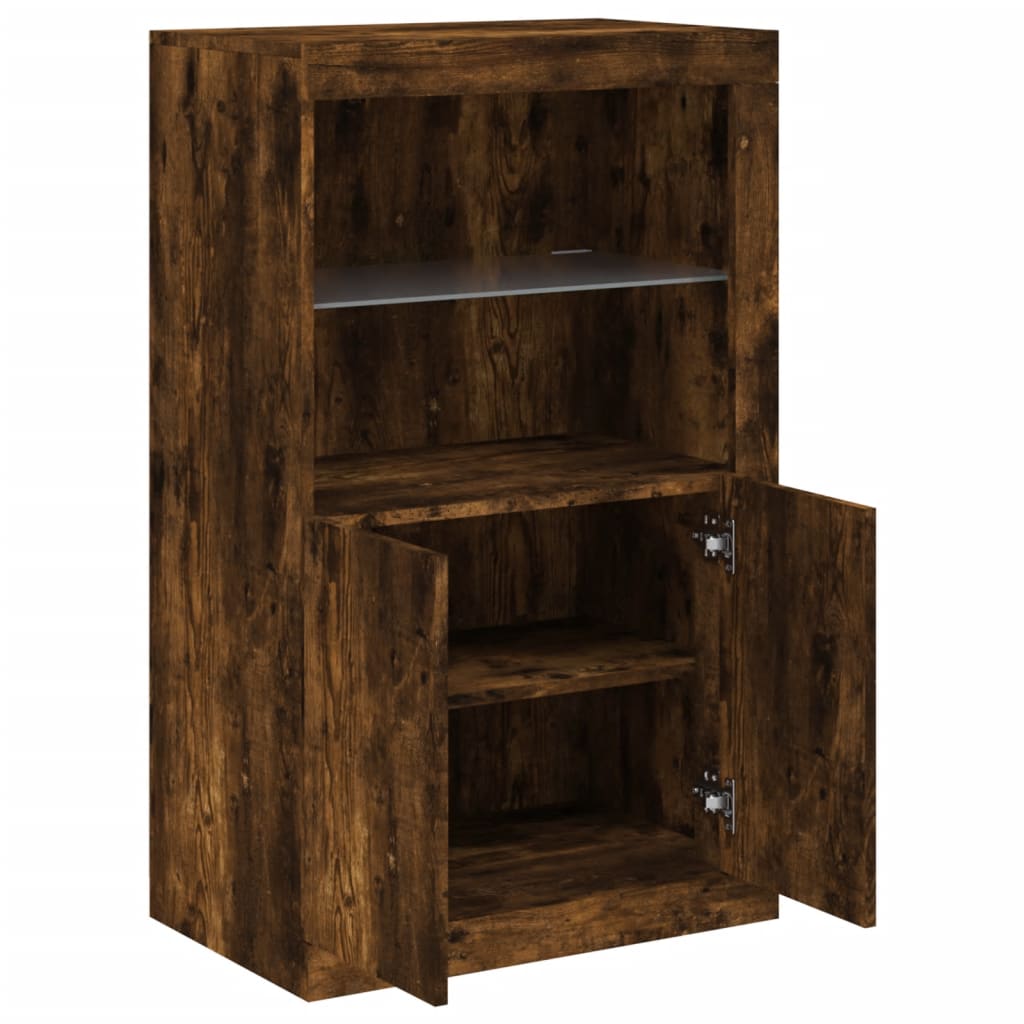 Side Cabinet with LED Lights Smoked Oak Engineered Wood, image 6