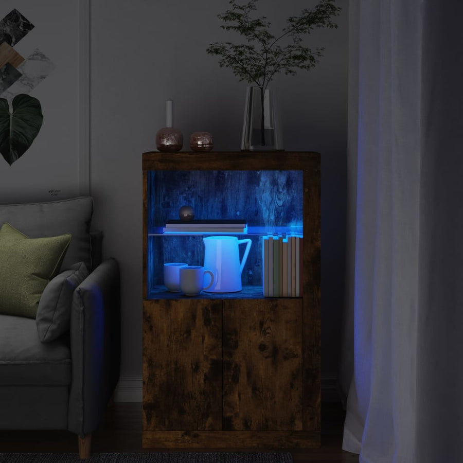 Side Cabinet with LED Lights Smoked Oak Engineered Wood