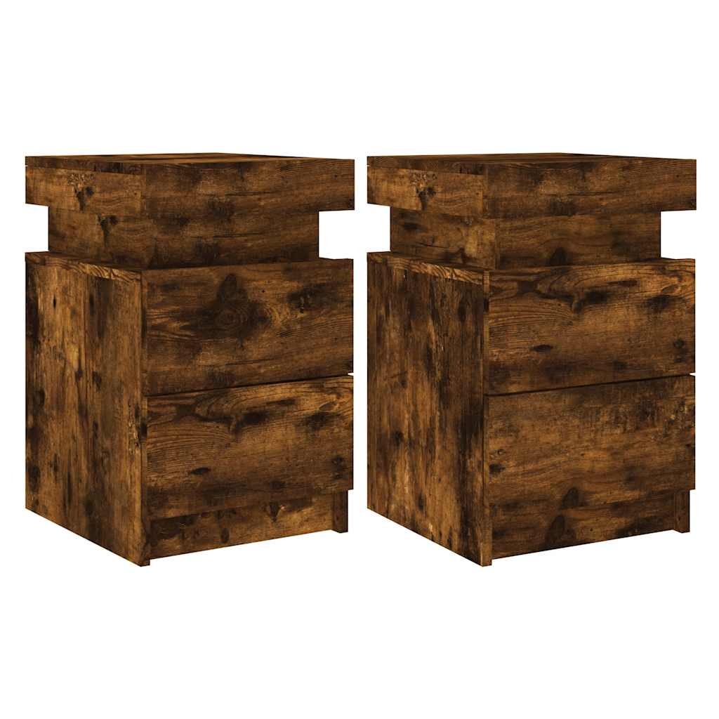 vidaXL Bedside Cabinets with LED Lights 2 pcs Smoked Oak 35x39x55 cm 2