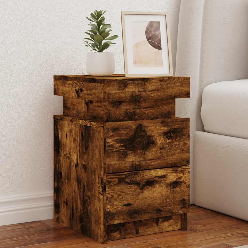 vidaXL Bedside Cabinets with LED Lights 2 pcs Smoked Oak 35x39x55 cm 1