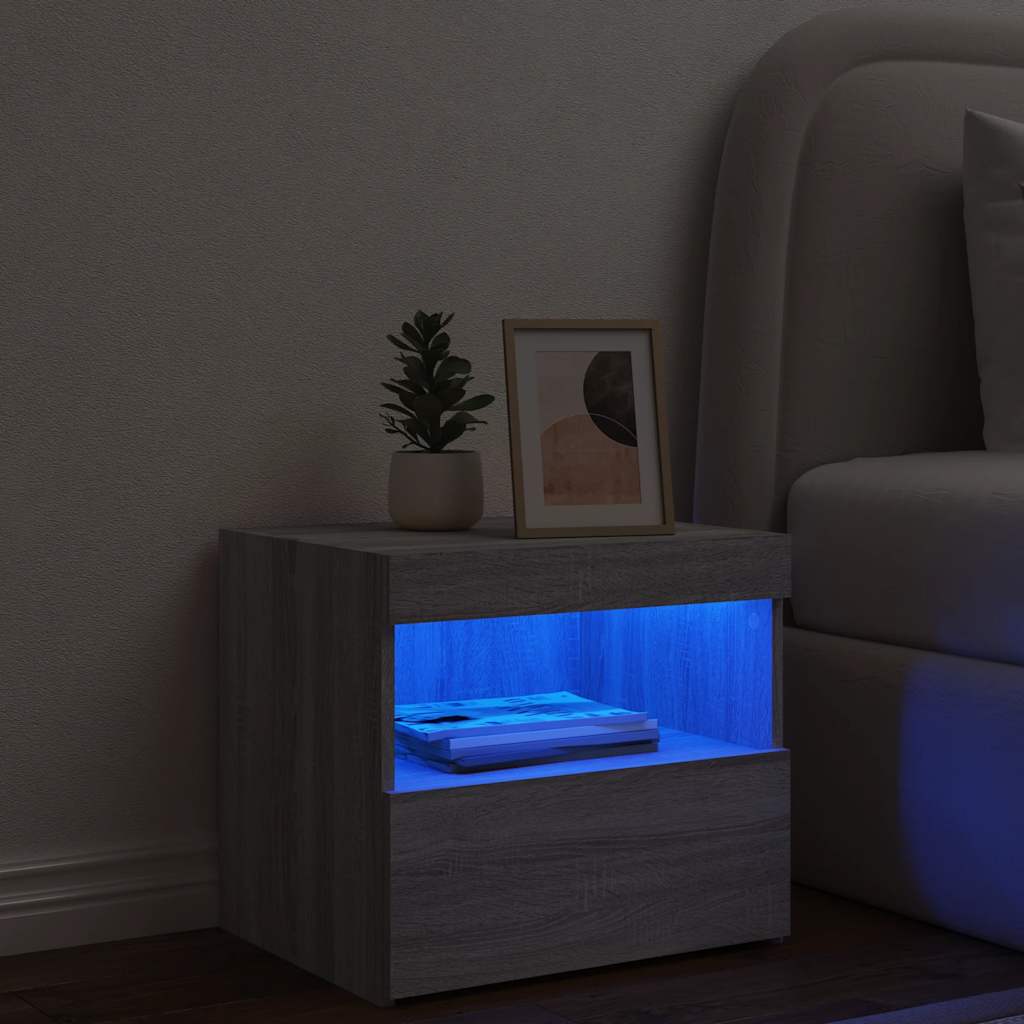 vidaXL Bedside Cabinet with LED Lights Grey Sonoma 50x40x45 cm 4