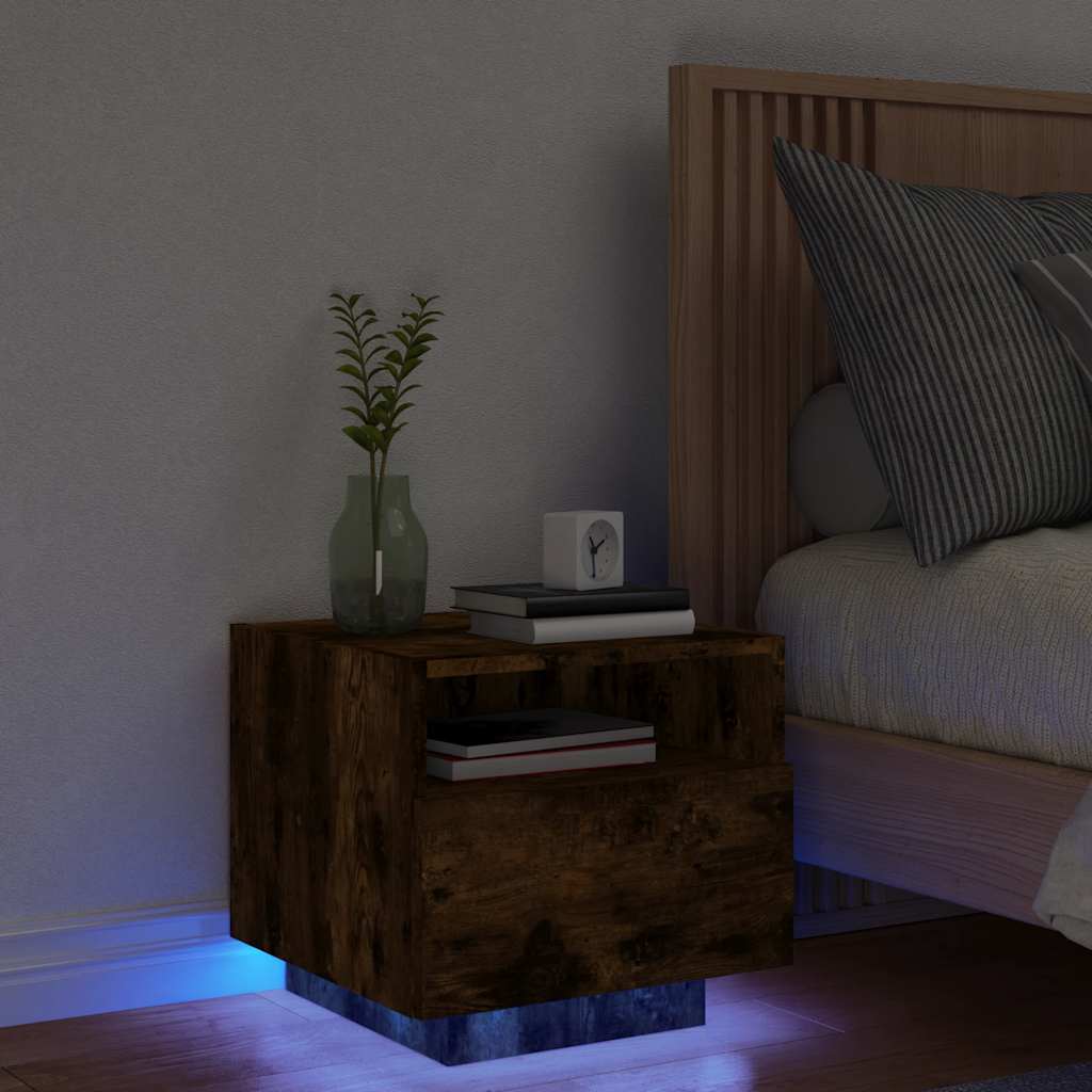 vidaXL Bedside Cabinet with LED Lights Smoked Oak 40x39x37 cm 1