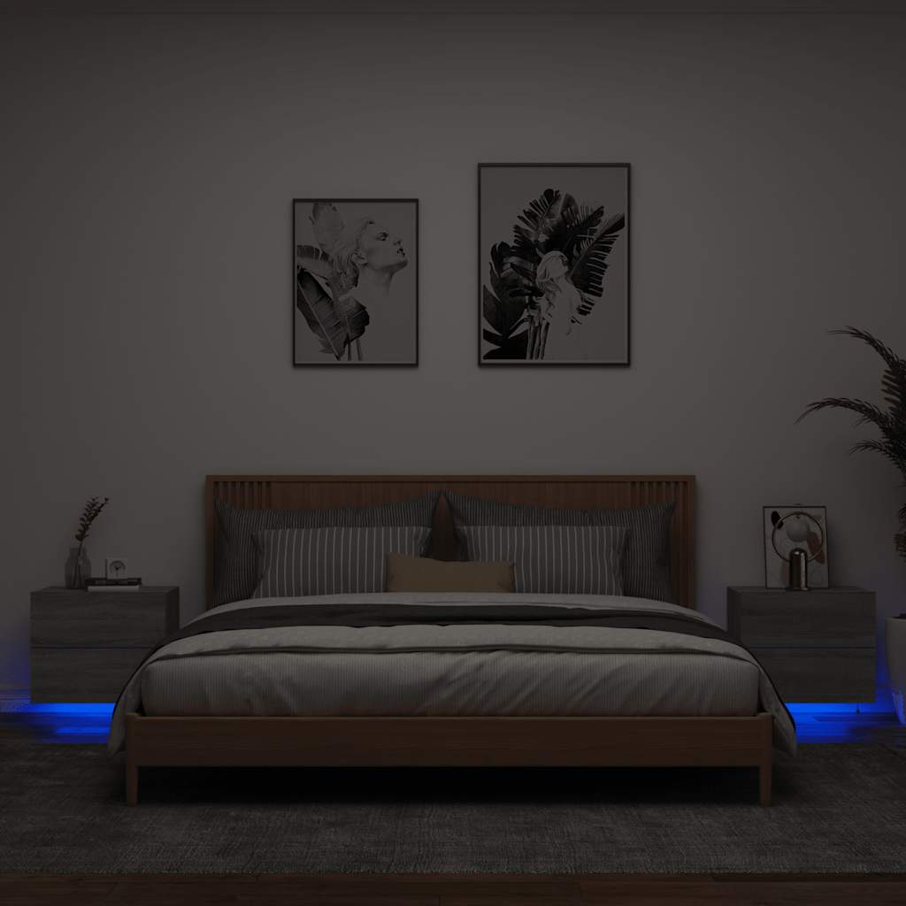 vidaXL Wall-mounted Bedside Cabinets with LED Lights 2 pcs Grey Sonoma 1