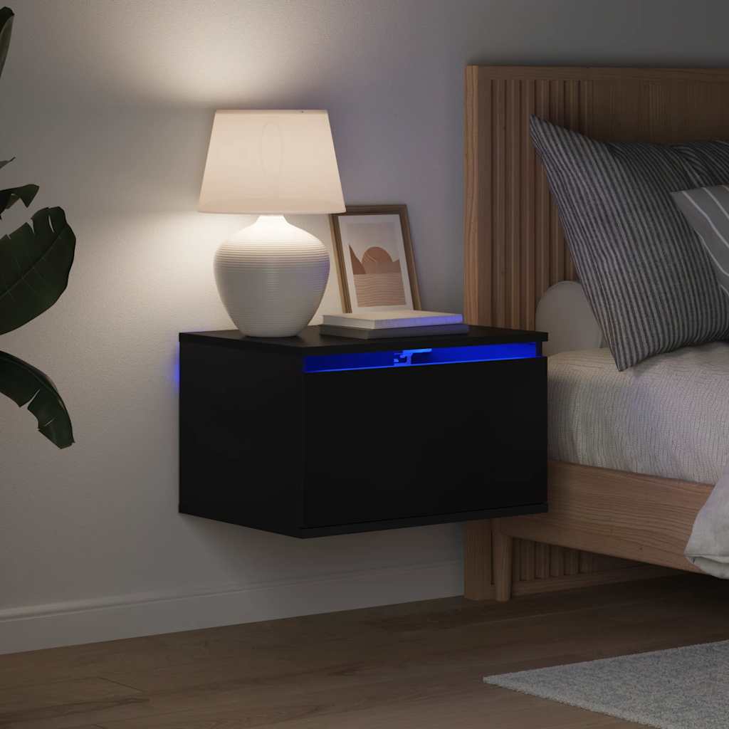 vidaXL Wall-mounted Bedside Cabinet with LED Lights Black 1