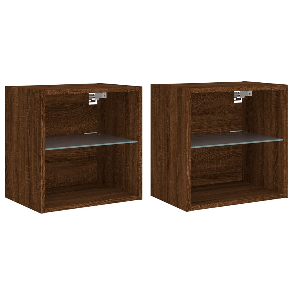 vidaXL Bedside Cabinets with LED Lights Wall-mounted 2 pcs Brown Oak 2