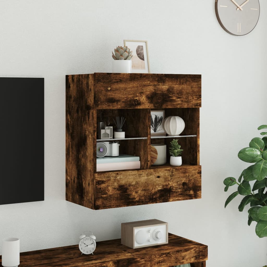vidaXL TV Wall Cabinet with LED Lights Smoked Oak 58,5x30x60,5 cm 4