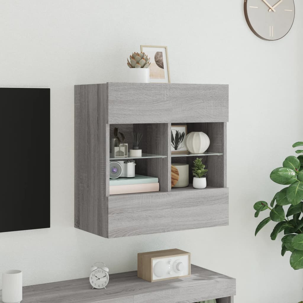 vidaXL TV Wall Cabinet with LED Lights Grey Sonoma 58,5x30x60,5 cm 4