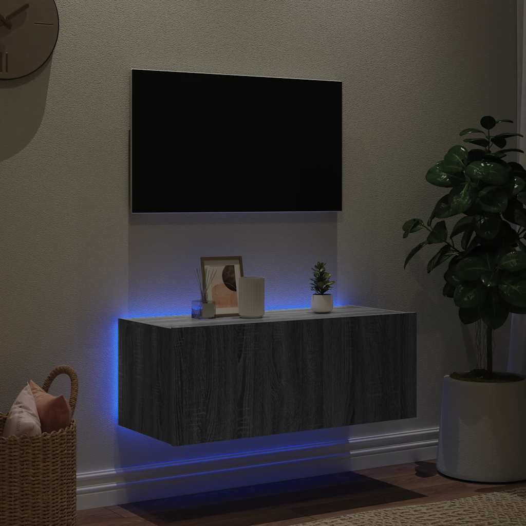 vidaXL TV Wall Cabinet with LED Lights Grey Sonoma 80x35x31 cm 3