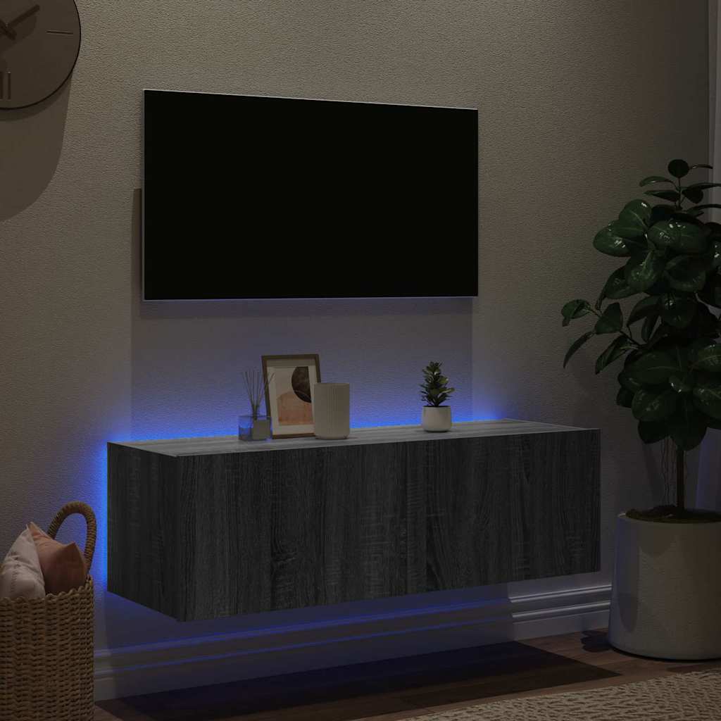 vidaXL TV Wall Cabinet with LED Lights Grey Sonoma 100x35x31 cm 4