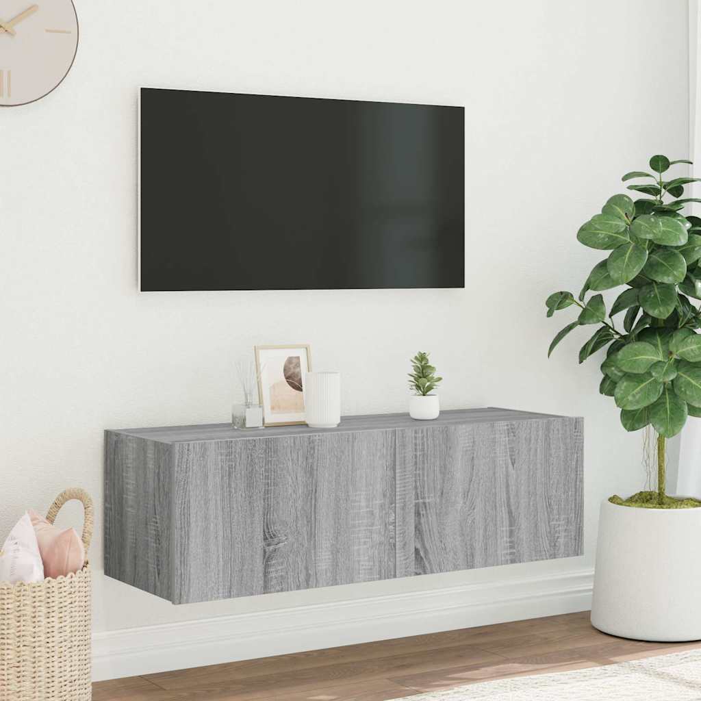 vidaXL TV Wall Cabinet with LED Lights Grey Sonoma 100x35x31 cm 5