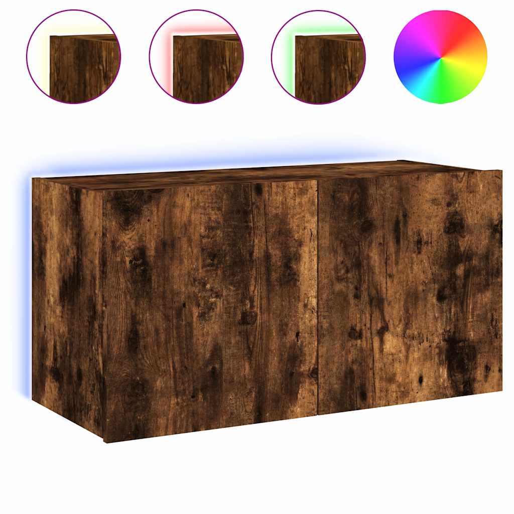 vidaXL TV Wall Cabinet with LED Lights Smoked Oak 80x35x41 cm 2
