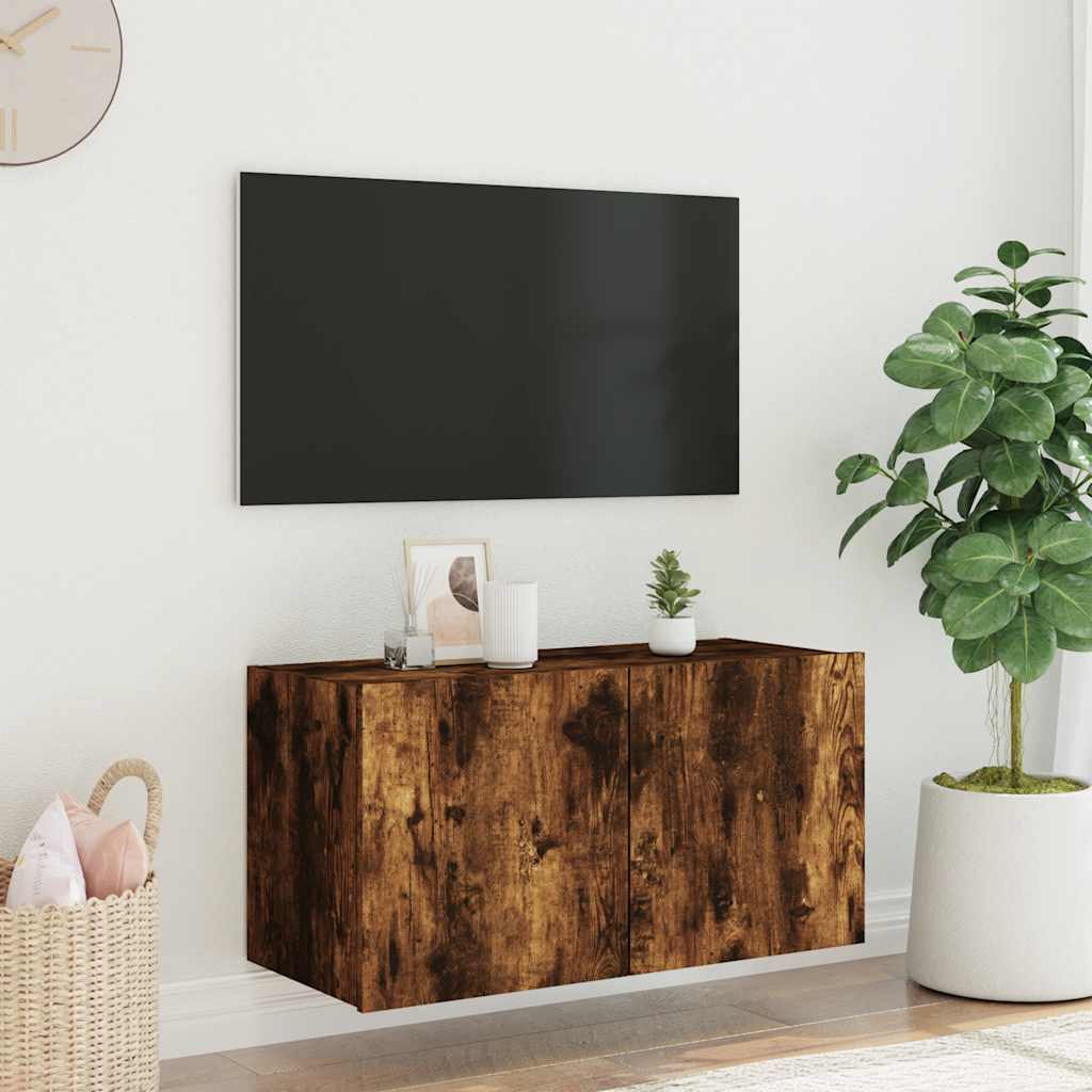 vidaXL TV Wall Cabinet with LED Lights Smoked Oak 80x35x41 cm 5