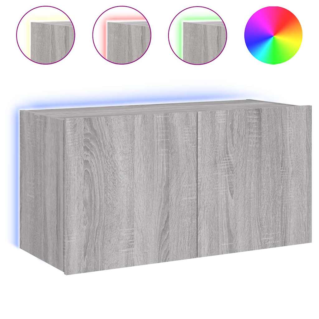 vidaXL TV Wall Cabinet with LED Lights Grey Sonoma 80x35x41 cm 2