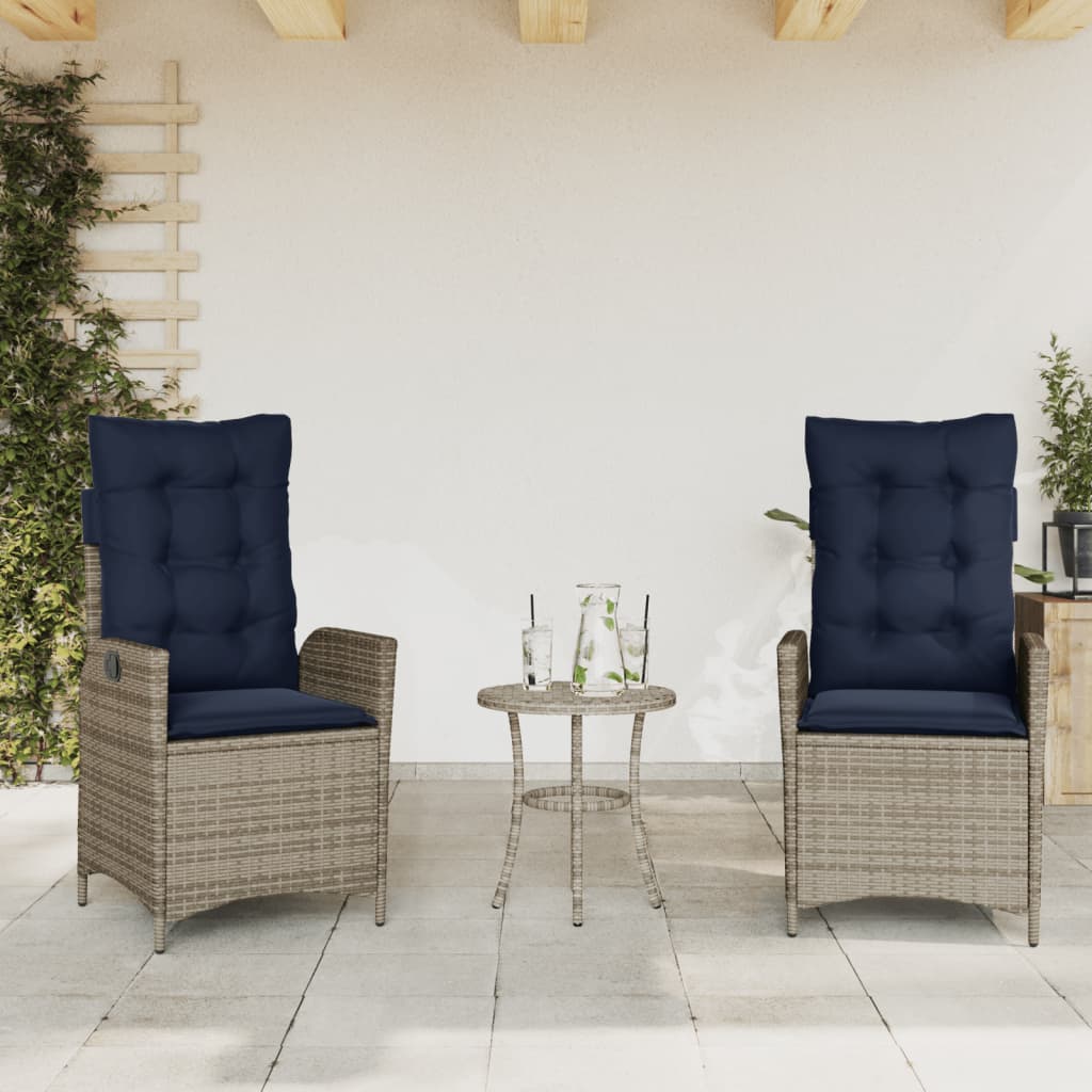 vidaXL 3 Piece Bistro Set with Cushions Grey Poly Rattan 3